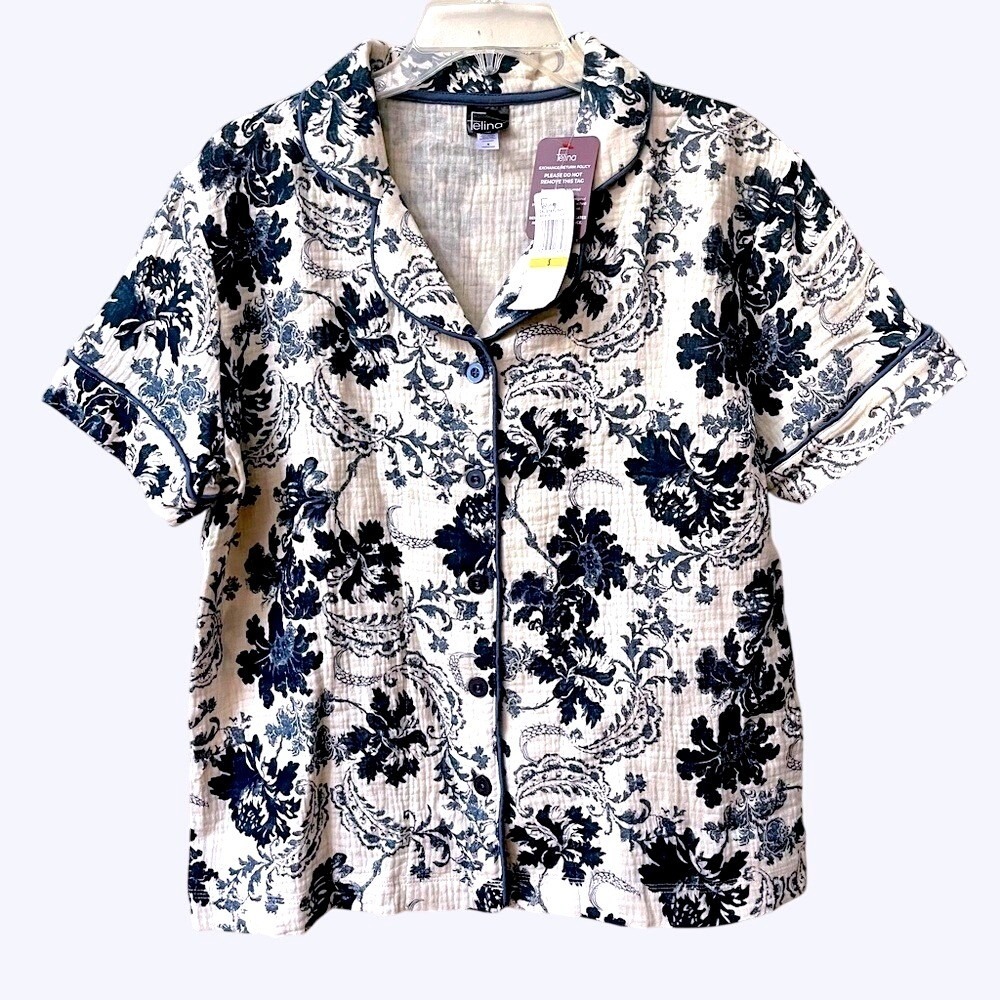 Felina Calista Short Sleeve Floral Pajama Top Womens Small Button Front NWT